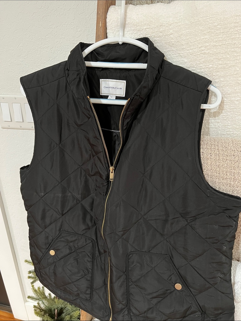 Charter Club Black Quilted Puffer Vest with Gold Zipper